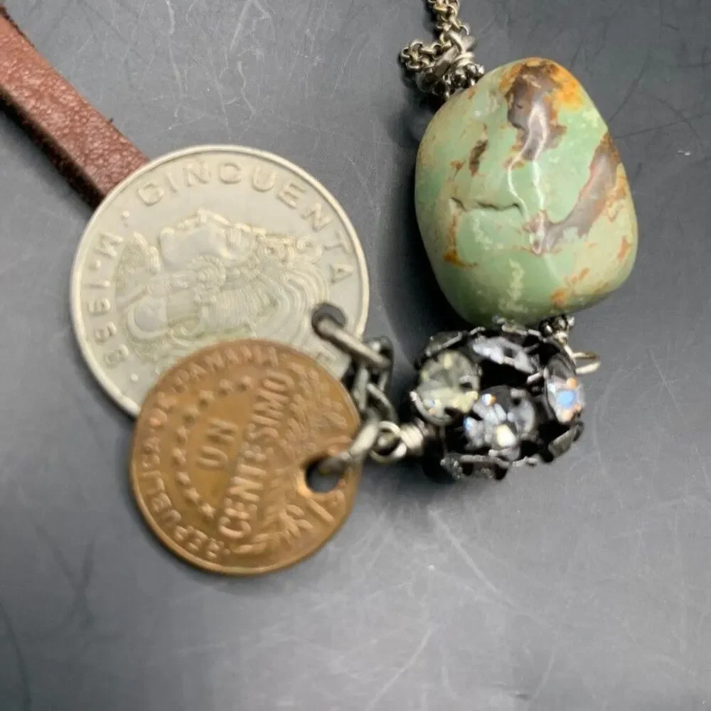 Handmade Artisan Necklace Jasper Pearl Panama Mexico Coins Leather Rhinestones